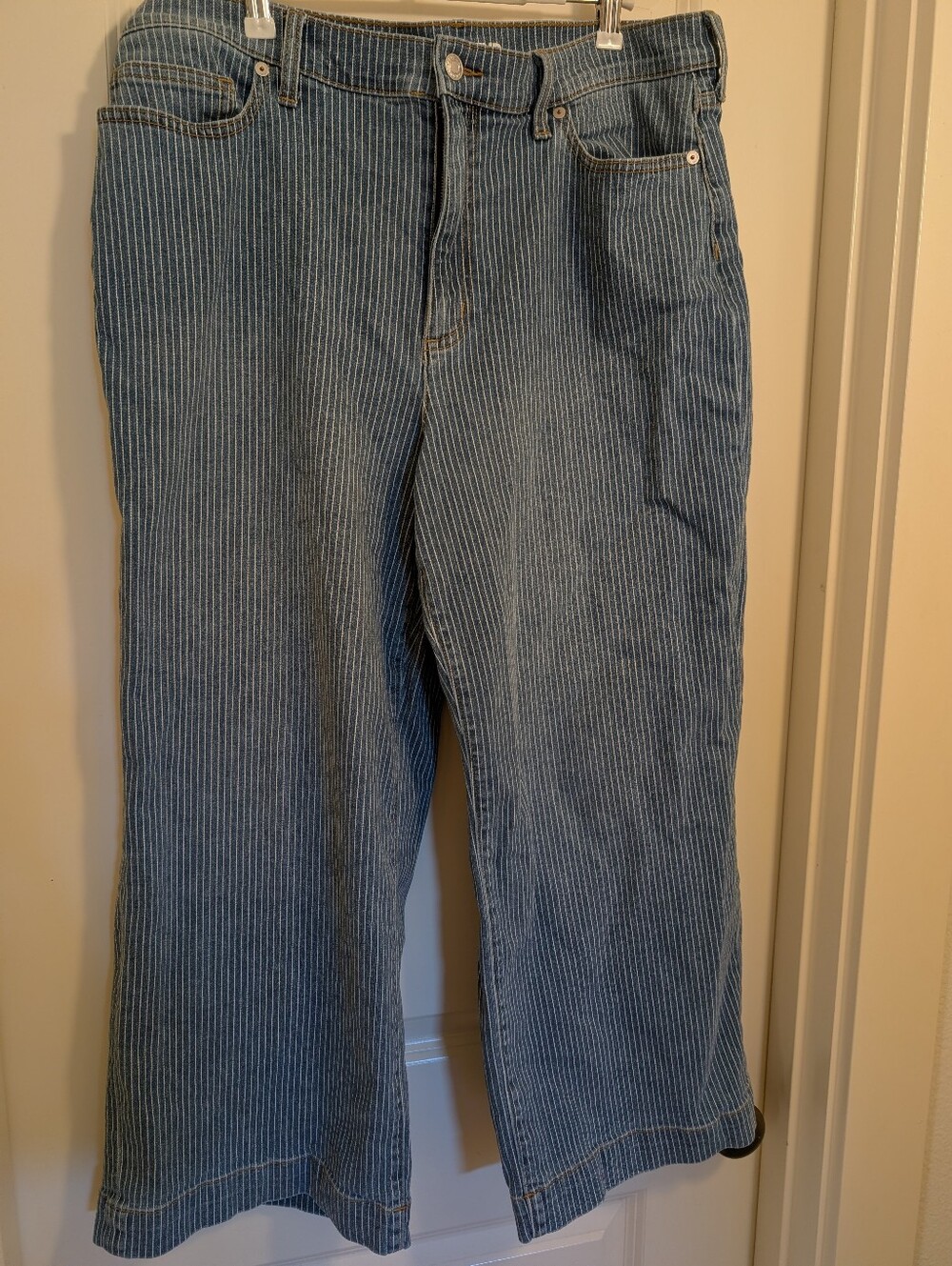 Land's End Women's Recover Denim High Rise Striped Wide Leg Crop Jeans - Picture 3 of 7